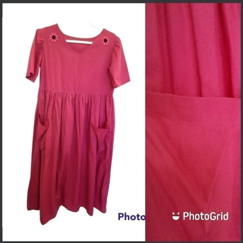 Vintage Handmade Fuscia Pink Lounge House Dress Mumu Large 70's, 80's, 90's